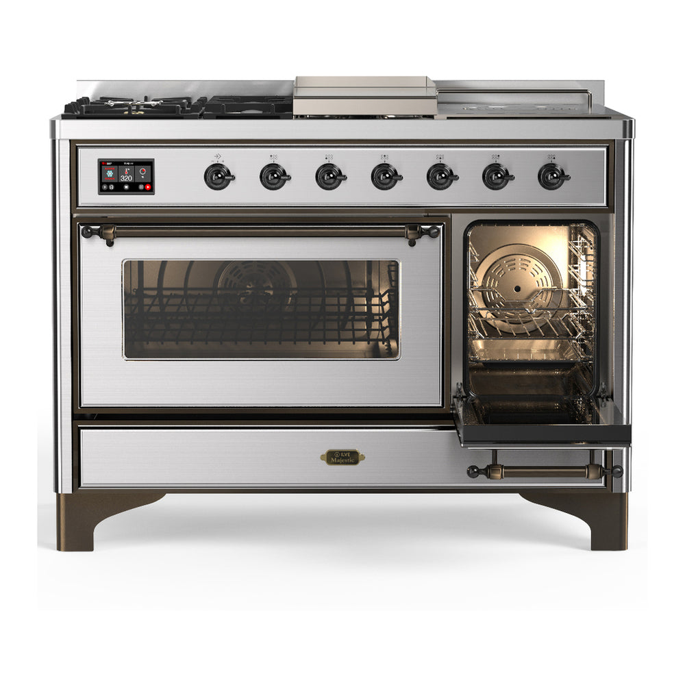 ILVE Majestic III 48" Stainless Steel Dual Fuel Range with 5 Burners, Griddle and French Top Triple Glass Door Liquid Propane