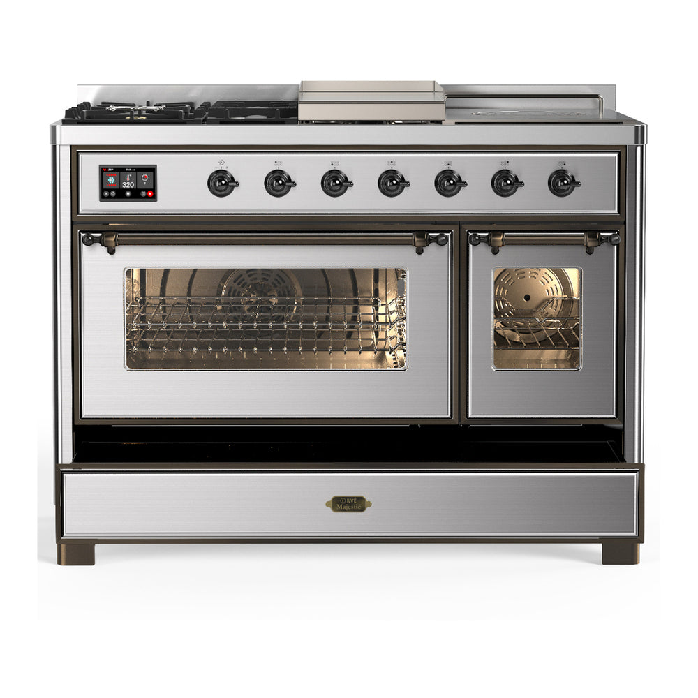 ILVE Majestic III 48" Stainless Steel Dual Fuel Range with 5 Burners, Griddle and French Top Triple Glass Door Liquid Propane