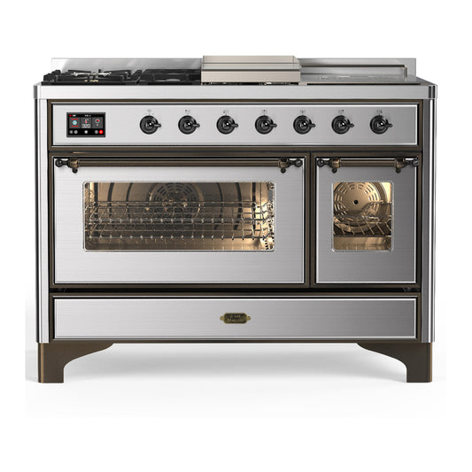 ILVE Majestic III 48" Stainless Steel Dual Fuel Range with 5 Burners, Griddle and French Top Triple Glass Door Natural Gas