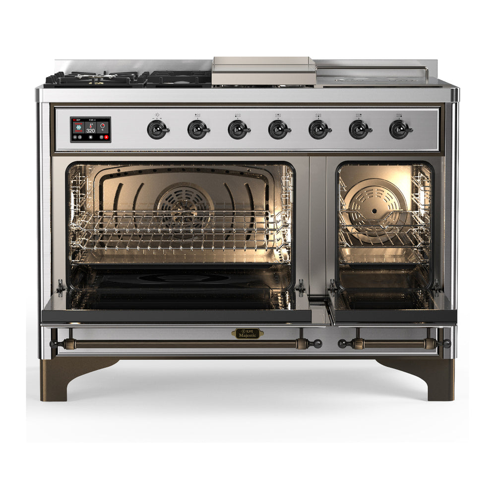 ILVE Majestic III 48" Stainless Steel Dual Fuel Range with 5 Burners, Griddle and French Top Triple Glass Door Natural Gas