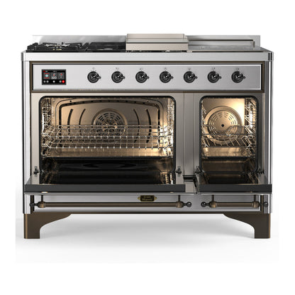 ILVE Majestic III 48" Stainless Steel Dual Fuel Range with 5 Burners, Griddle and French Top Triple Glass Door Natural Gas