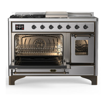 ILVE Majestic III 48" Stainless Steel Dual Fuel Range with 5 Burners, Griddle and French Top Triple Glass Door Natural Gas
