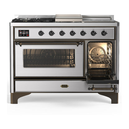 ILVE Majestic III 48" Stainless Steel Dual Fuel Range with 5 Burners, Griddle and French Top Triple Glass Door Natural Gas