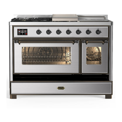 ILVE Majestic III 48" Stainless Steel Dual Fuel Range with 5 Burners, Griddle and French Top Triple Glass Door Natural Gas