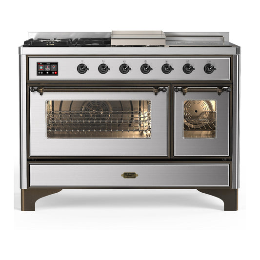 ILVE Majestic III 48" Stainless Steel Dual Fuel Range with 5 Burners, Griddle and French Top Triple Glass Door Natural Gas