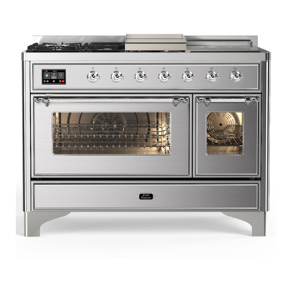 ILVE Majestic III 48" Stainless Steel Dual Fuel Range with 5 Burners, Griddle and French Top Triple Glass Door Liquid Propane