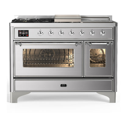 ILVE Majestic III 48" Stainless Steel Dual Fuel Range with 5 Burners, Griddle and French Top Triple Glass Door Liquid Propane