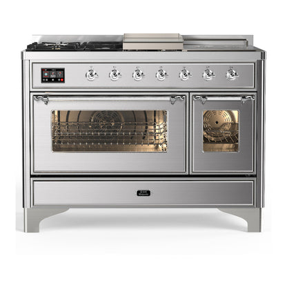 ILVE Majestic III 48" Stainless Steel Dual Fuel Range with 5 Burners, Griddle and French Top Triple Glass Door Natural Gas