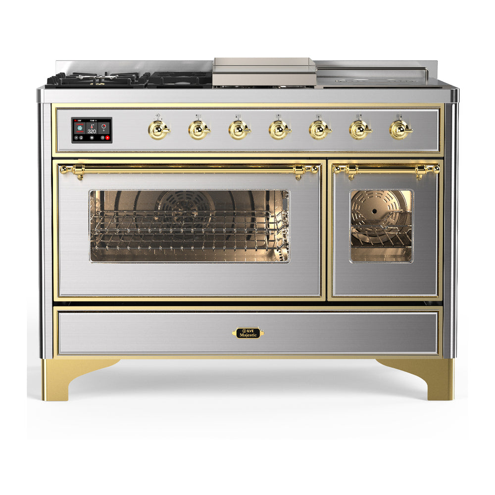 ILVE Majestic III 48" Stainless Steel Dual Fuel Range with 5 Burners, Griddle and French Top Triple Glass Door Liquid Propane