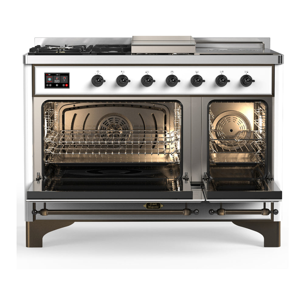 ILVE Majestic III 48" White Dual Fuel Range with 5 Burners, Griddle and French Top Triple Glass Door Liquid Propane