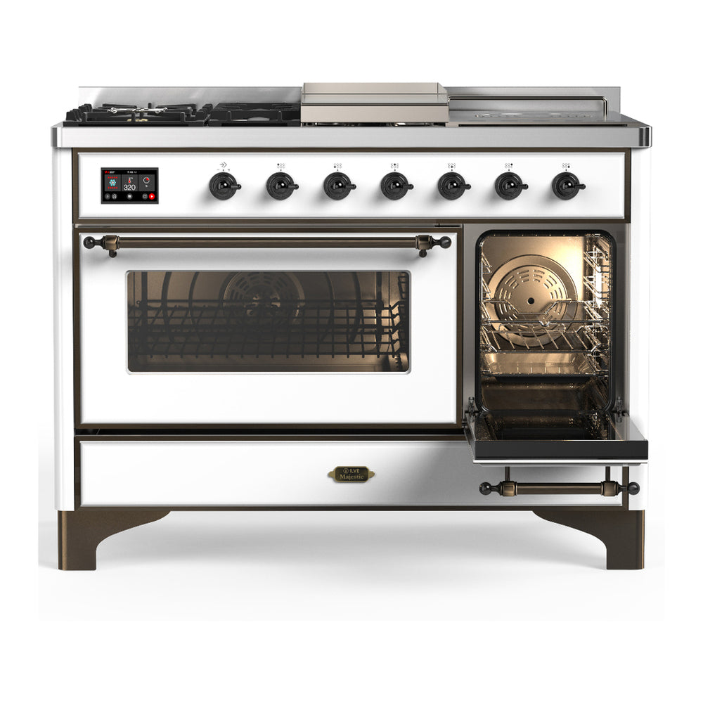 ILVE Majestic III 48" White Dual Fuel Range with 5 Burners, Griddle and French Top Triple Glass Door Liquid Propane
