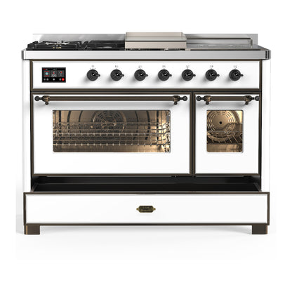 ILVE Majestic III 48" White Dual Fuel Range with 5 Burners, Griddle and French Top Triple Glass Door Liquid Propane