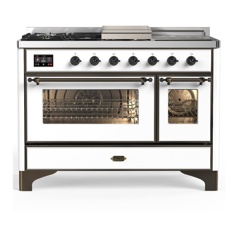 ILVE Majestic III 48" White Dual Fuel Range with 5 Burners, Griddle and French Top Triple Glass Door Natural Gas