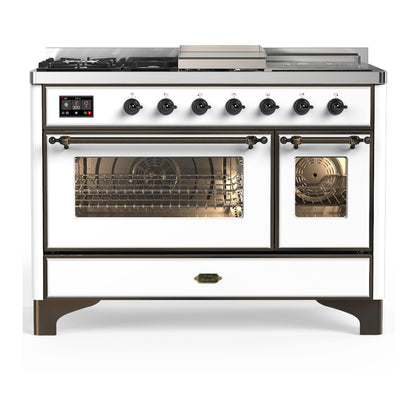 ILVE Majestic III 48" White Dual Fuel Range with 5 Burners, Griddle and French Top Triple Glass Door Natural Gas