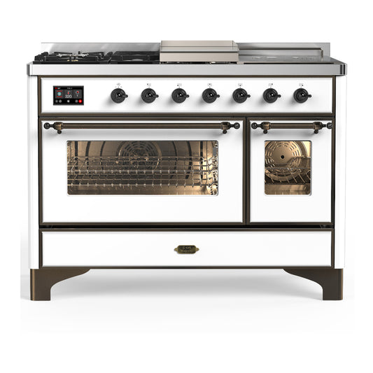 ILVE Majestic III 48" White Dual Fuel Range with 5 Burners, Griddle and French Top Triple Glass Door Natural Gas