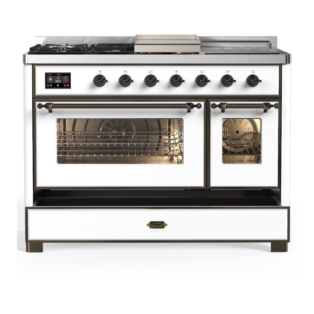 ILVE Majestic III 48" White Dual Fuel Range with 5 Burners, Griddle and French Top Triple Glass Door Natural Gas