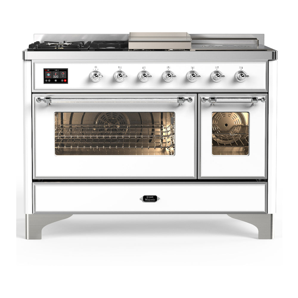 ILVE Majestic III 48" White Dual Fuel Range with 5 Burners, Griddle and French Top Triple Glass Door Liquid Propane