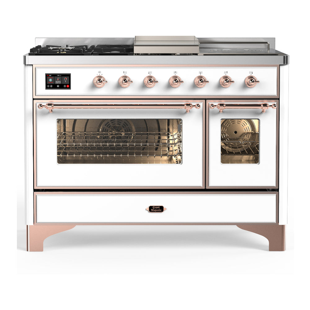 ILVE Majestic III 48" White Dual Fuel Range with 5 Burners, Griddle and French Top Triple Glass Door Natural Gas