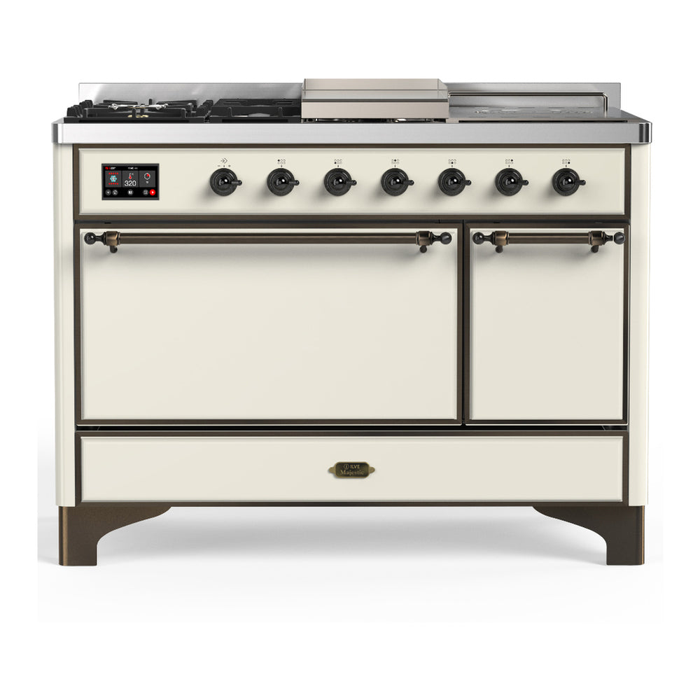 ILVE Majestic III 48" Antique White Dual Fuel Range with 5 Burners, Griddle and French Top Solid Door Liquid Propane