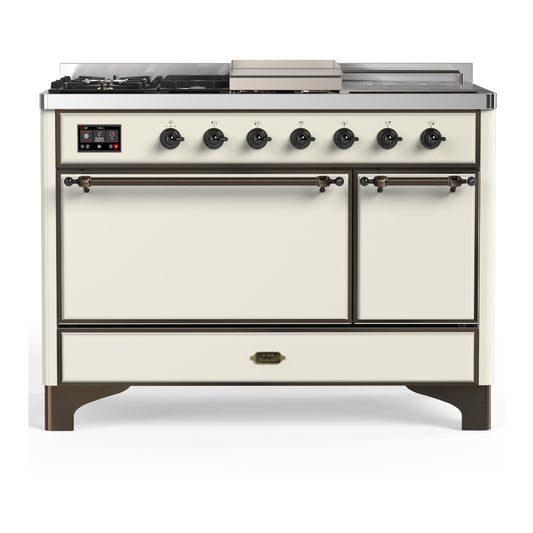ILVE Majestic III 48" Antique White Dual Fuel Range with 5 Burners, Griddle and French Top Solid Door Liquid Propane