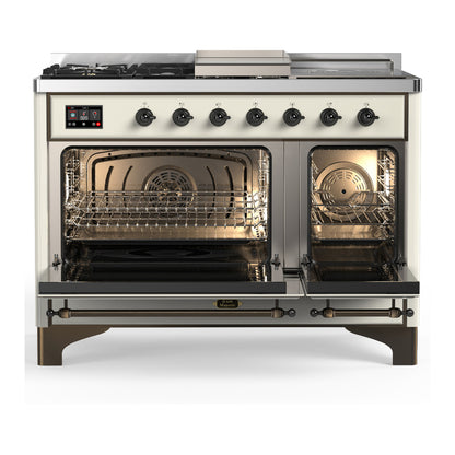 ILVE Majestic III 48" Antique White Dual Fuel Range with 5 Burners, Griddle and French Top Solid Door Liquid Propane