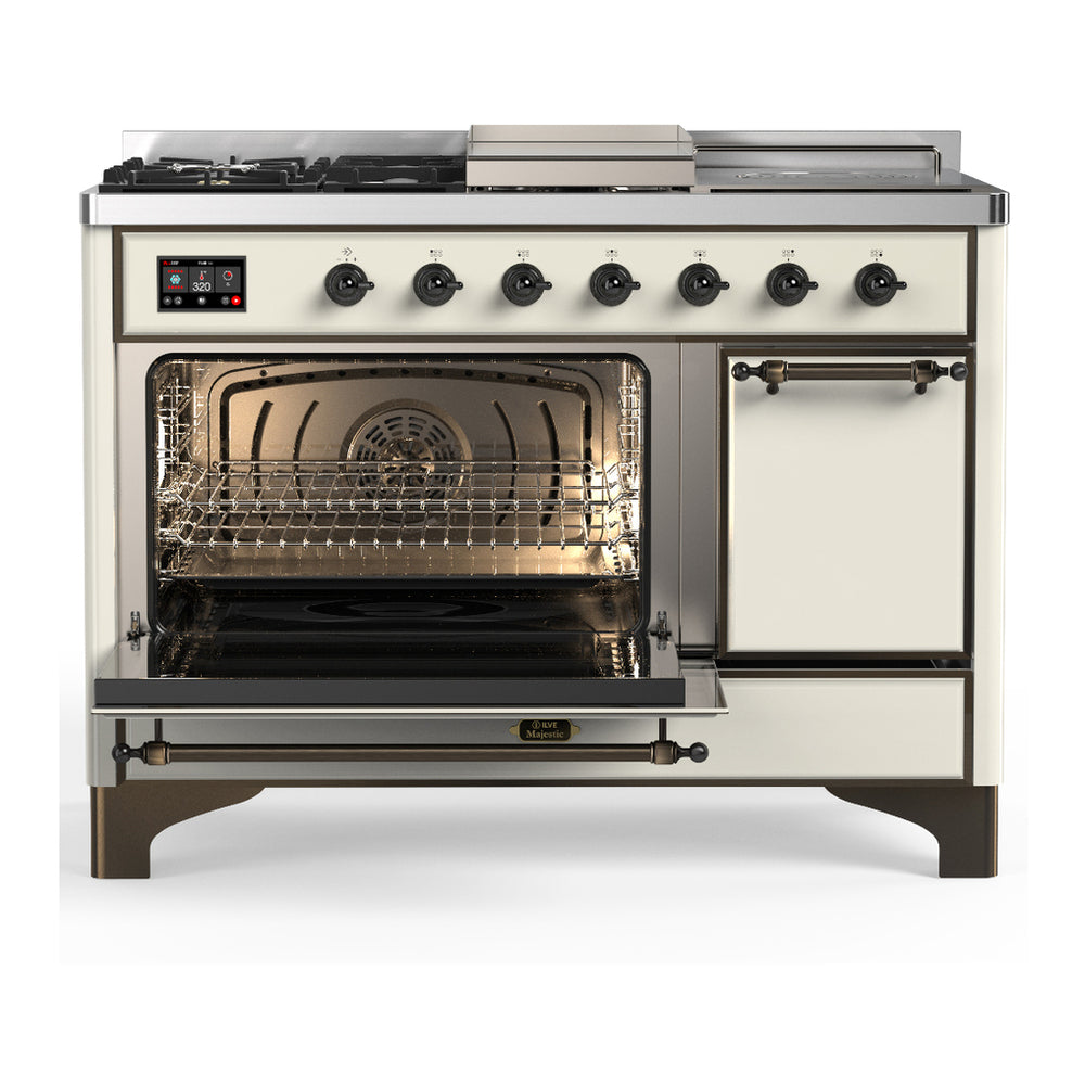 ILVE Majestic III 48" Antique White Dual Fuel Range with 5 Burners, Griddle and French Top Solid Door Liquid Propane