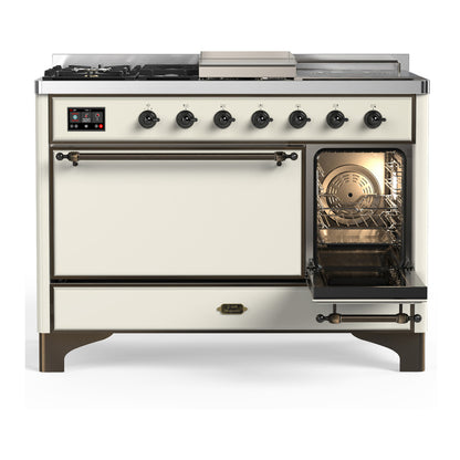 ILVE Majestic III 48" Antique White Dual Fuel Range with 5 Burners, Griddle and French Top Solid Door Liquid Propane