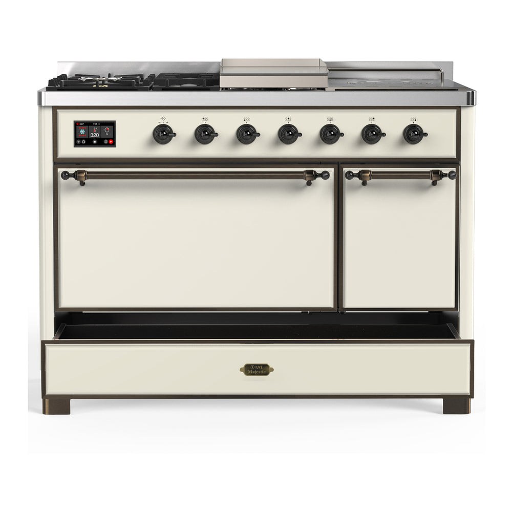 ILVE Majestic III 48" Antique White Dual Fuel Range with 5 Burners, Griddle and French Top Solid Door Liquid Propane