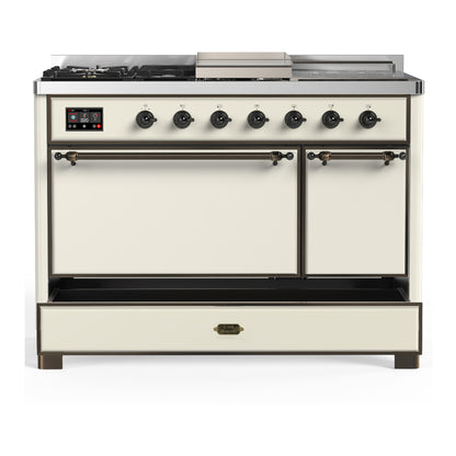 ILVE Majestic III 48" Antique White Dual Fuel Range with 5 Burners, Griddle and French Top Solid Door Liquid Propane