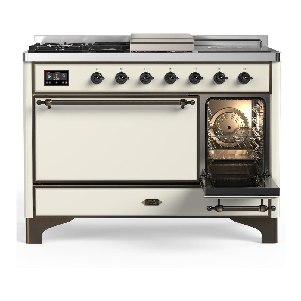 ILVE Majestic III 48" Antique White Dual Fuel Range with 5 Burners, Griddle and French Top Solid Door Natural Gas