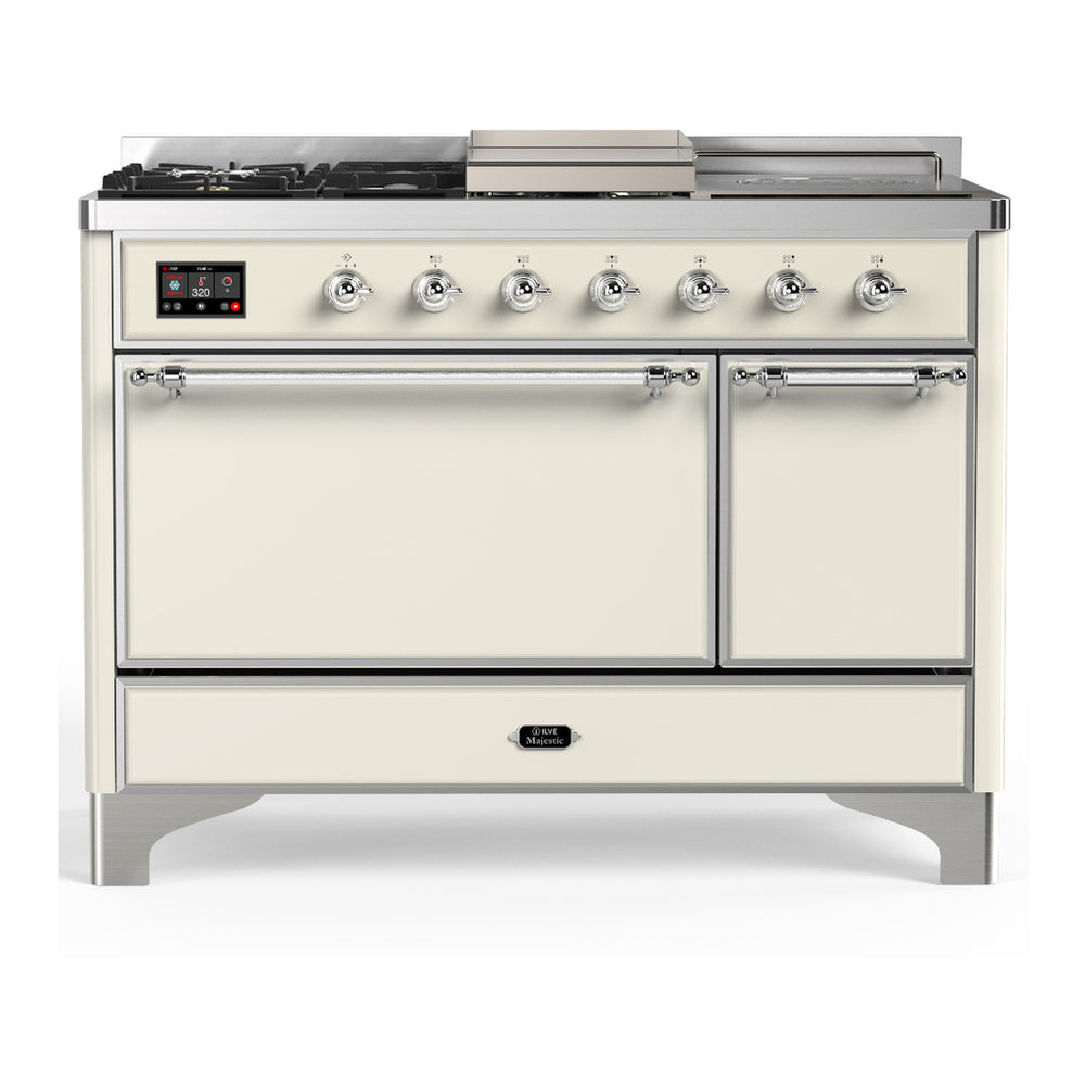 ILVE Majestic III 48" Antique White Dual Fuel Range with 5 Burners, Griddle and French Top Solid Door Liquid Propane