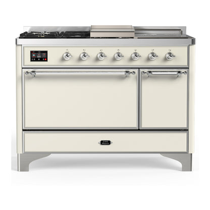 ILVE Majestic III 48" Antique White Dual Fuel Range with 5 Burners, Griddle and French Top Solid Door Liquid Propane