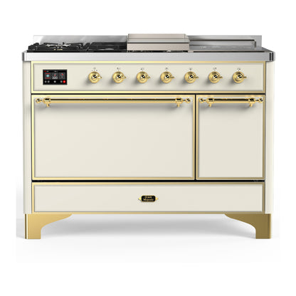 ILVE Majestic III 48" Antique White Dual Fuel Range with 5 Burners, Griddle and French Top Solid Door Liquid Propane