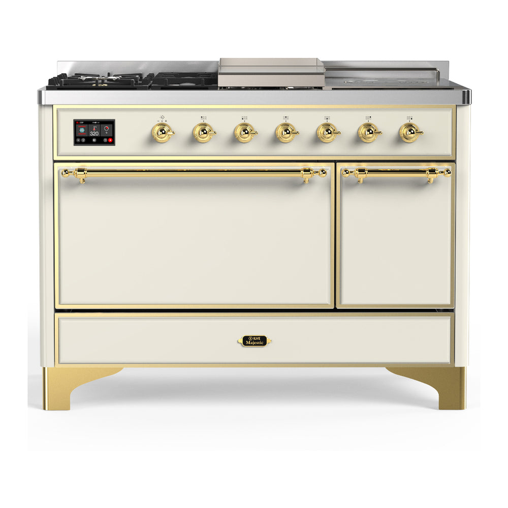 ILVE Majestic III 48" Antique White Dual Fuel Range with 5 Burners, Griddle and French Top Solid Door Natural Gas