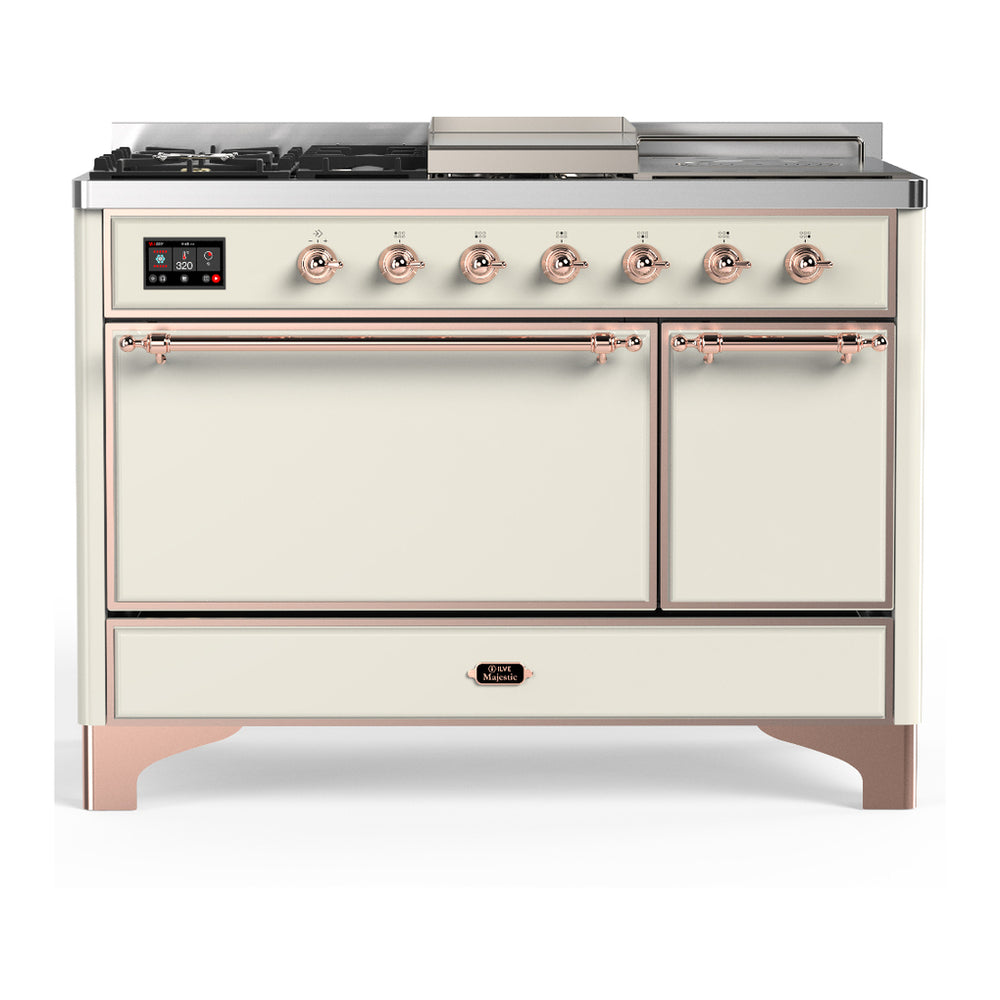 ILVE Majestic III 48" Antique White Dual Fuel Range with 5 Burners, Griddle and French Top Solid Door Natural Gas