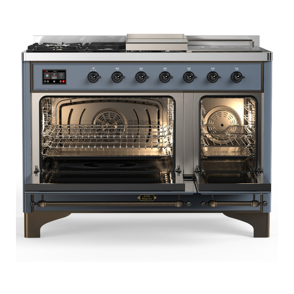 ILVE Majestic III 48" Blue Grey Dual Fuel Range with 5 Burners, Griddle and French Top Solid Door Liquid Propane
