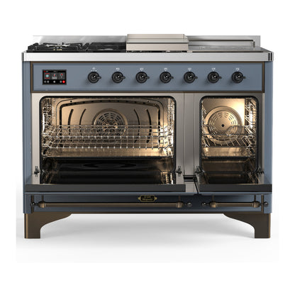 ILVE Majestic III 48" Blue Grey Dual Fuel Range with 5 Burners, Griddle and French Top Solid Door Liquid Propane
