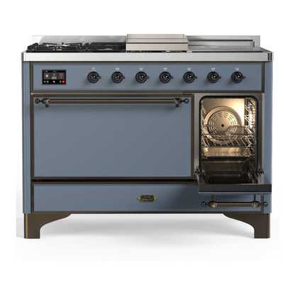 ILVE Majestic III 48" Blue Grey Dual Fuel Range with 5 Burners, Griddle and French Top Solid Door Liquid Propane
