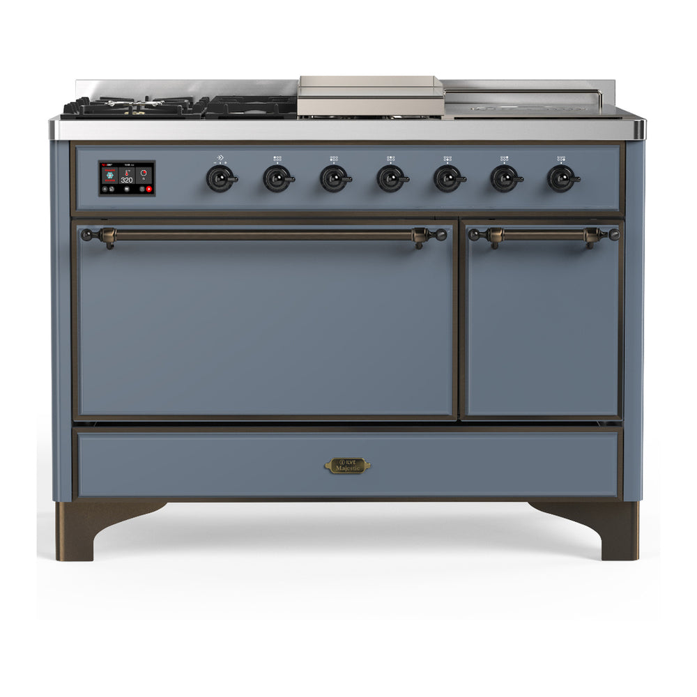 ILVE Majestic III 48" Blue Grey Dual Fuel Range with 5 Burners, Griddle and French Top Solid Door Natural Gas