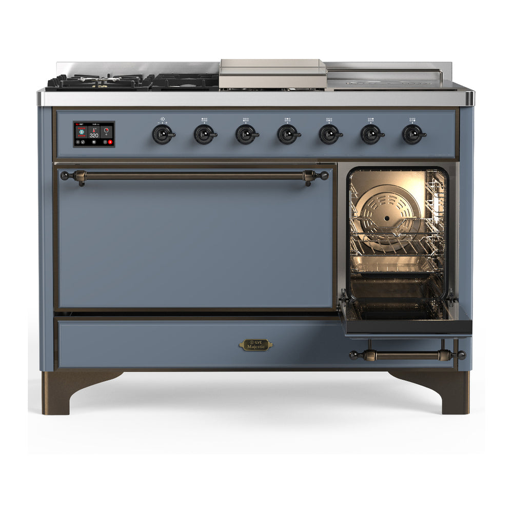 ILVE Majestic III 48" Blue Grey Dual Fuel Range with 5 Burners, Griddle and French Top Solid Door Natural Gas