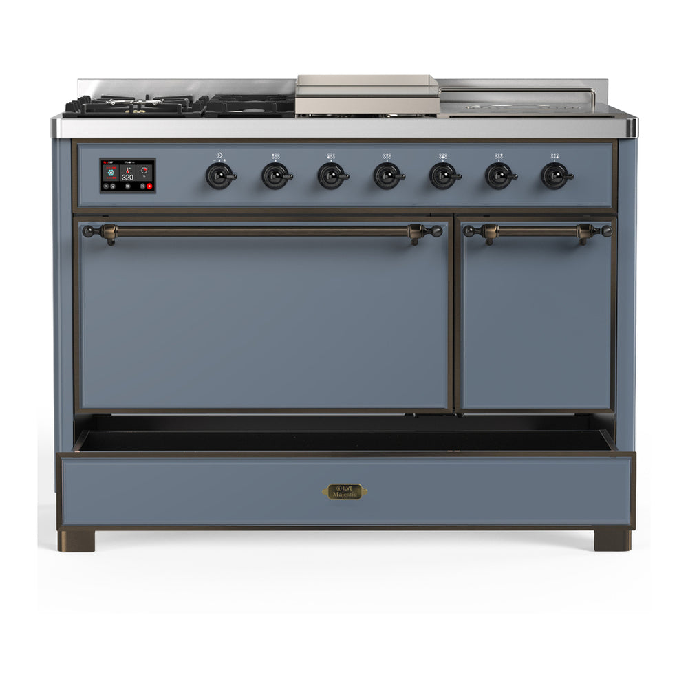 ILVE Majestic III 48" Blue Grey Dual Fuel Range with 5 Burners, Griddle and French Top Solid Door Natural Gas