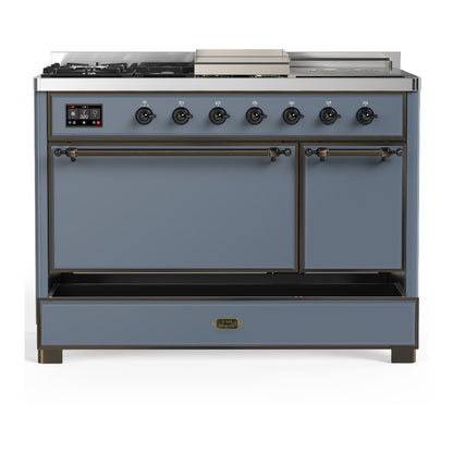 ILVE Majestic III 48" Blue Grey Dual Fuel Range with 5 Burners, Griddle and French Top Solid Door Natural Gas