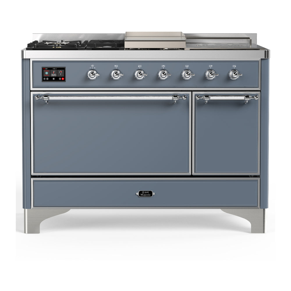 ILVE Majestic III 48" Blue Grey Dual Fuel Range with 5 Burners, Griddle and French Top Solid Door Natural Gas