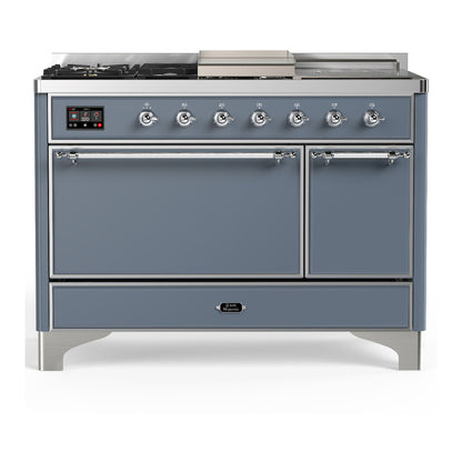 ILVE Majestic III 48" Blue Grey Dual Fuel Range with 5 Burners, Griddle and French Top Solid Door Natural Gas