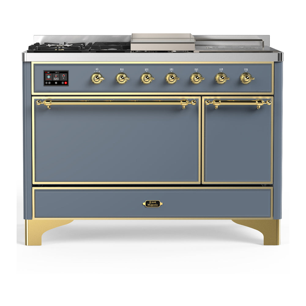 ILVE Majestic III 48" Blue Grey Dual Fuel Range with 5 Burners, Griddle and French Top Solid Door Liquid Propane