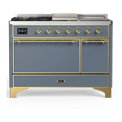 ILVE Majestic III 48" Blue Grey Dual Fuel Range with 5 Burners, Griddle and French Top Solid Door Liquid Propane