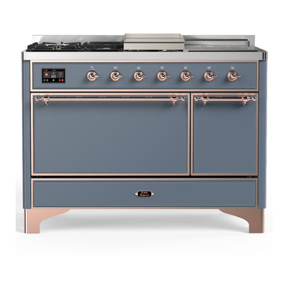ILVE Majestic III 48" Blue Grey Dual Fuel Range with 5 Burners, Griddle and French Top Solid Door Natural Gas