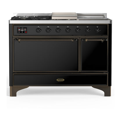 ILVE Majestic III 48" Glossy Black Dual Fuel Range with 5 Burners, Griddle and French Top Solid Door Liquid Propane