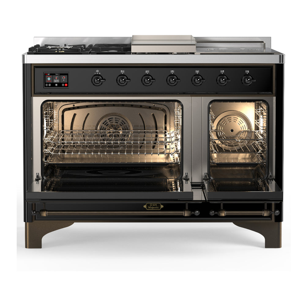 ILVE Majestic III 48" Glossy Black Dual Fuel Range with 5 Burners, Griddle and French Top Solid Door Liquid Propane