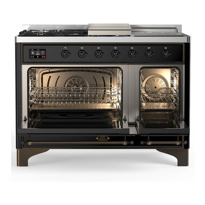 ILVE Majestic III 48" Glossy Black Dual Fuel Range with 5 Burners, Griddle and French Top Solid Door Liquid Propane